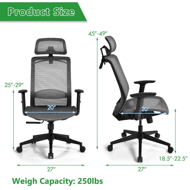 Giantex High Back Mesh Office Chair, Ergonomic Executive Chair w/Adjustable  Reclining Angles, Lumbar Support & Coat Hanger, Rolling Computer Desk Chair,  Grey 