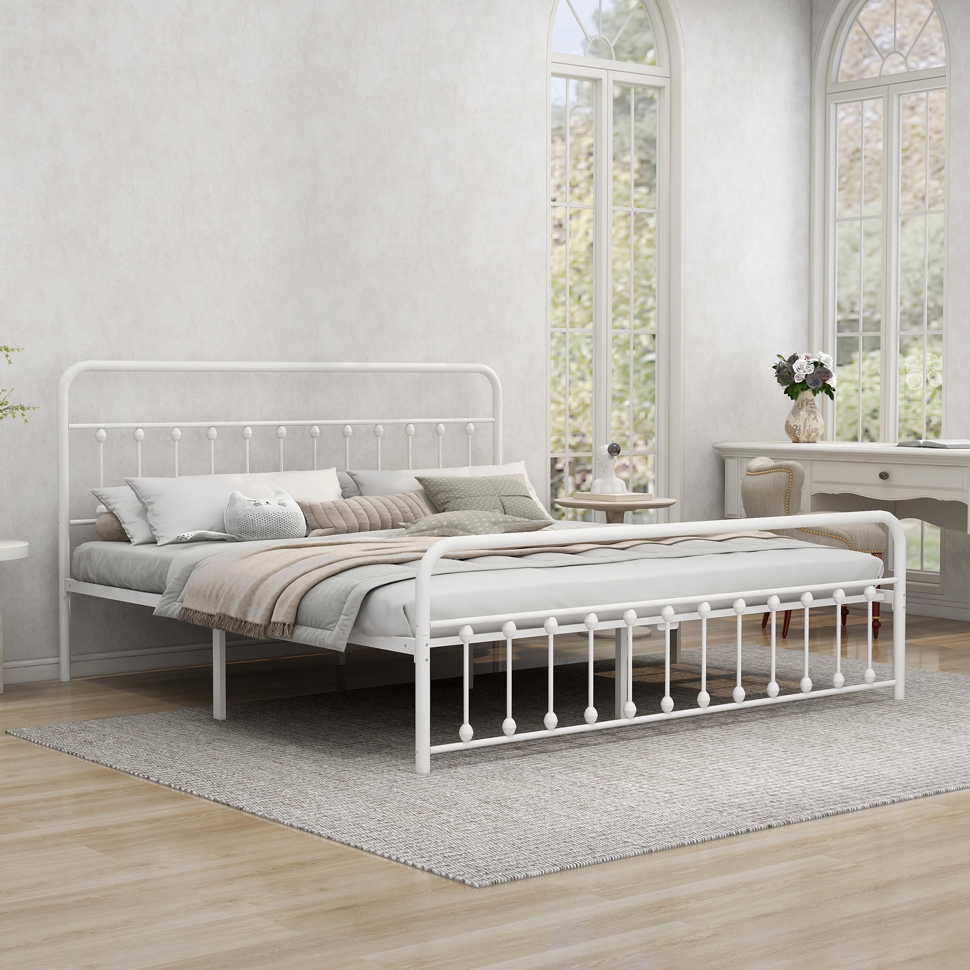 NNV Vintage Platform Metal King Bed Frame, Easy Assembly, White