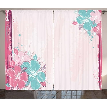 Ambesonne Flower Curtains 2 Panel Set, Bouquet of Hibiscus Art, 108" x 84", Turquoise Pale Pink