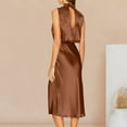 thumbnail image 4 of Summer Savings Clearance! Edvintorg Women Summer Formal Mock Neck Sleeveless Satin Dress Elastic Waist Slit Midi Wedding Guest Dresses 2024 Coffee S, 4 of 6