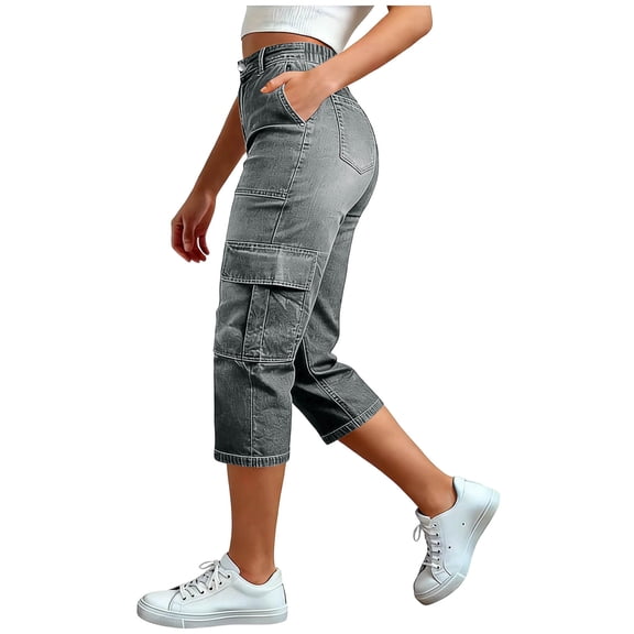 Straight Leg Jeans for Women Cargo Pants for Women Spring Summer Casual Loose Straight Leg Cropped Capri Jeans 6 Pockets High Waisted Stretchy Denim Pants