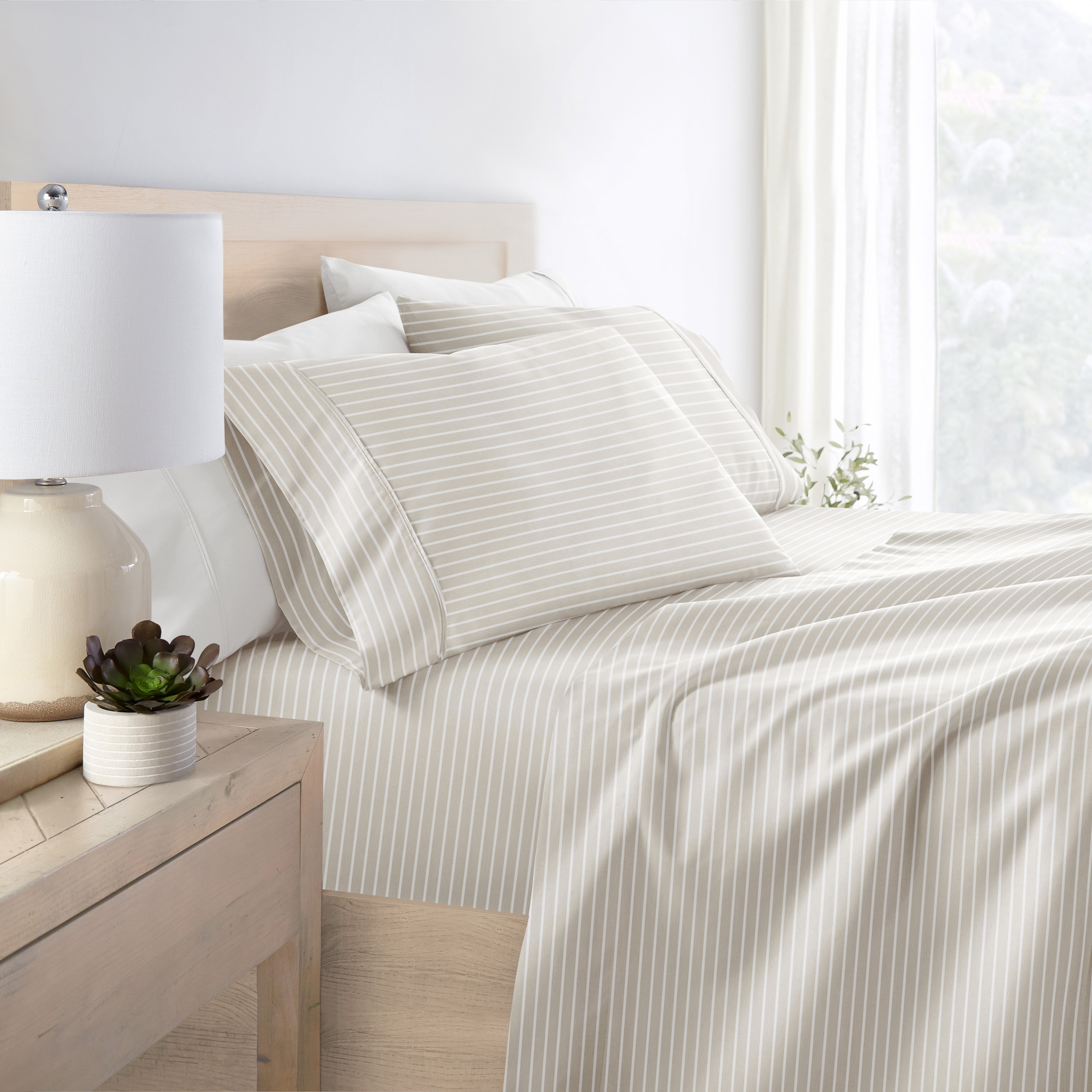 Noble Linens 4 Piece Pattern Modern Coastal Bed Sheet Sets, Soft Lines Natural, Queen