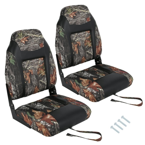 High Back Folding Boat Seats 2 Pack - Thick Cushioned Waterproof Marine Chairs for Fishing, Pontoon, Canoe, Speedboat - Camouflage Leather Patchwork Design, Durable Hinges