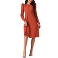 thumbnail image 2 of Vestidos de suéter de manga larga con volantes para mujer INSPIRE CHIC, cuello redondo, cintura con lazo, corte A, estilo casual, tejido de canalé, midi, talla XL, rojo ladrillo, 2 of 5