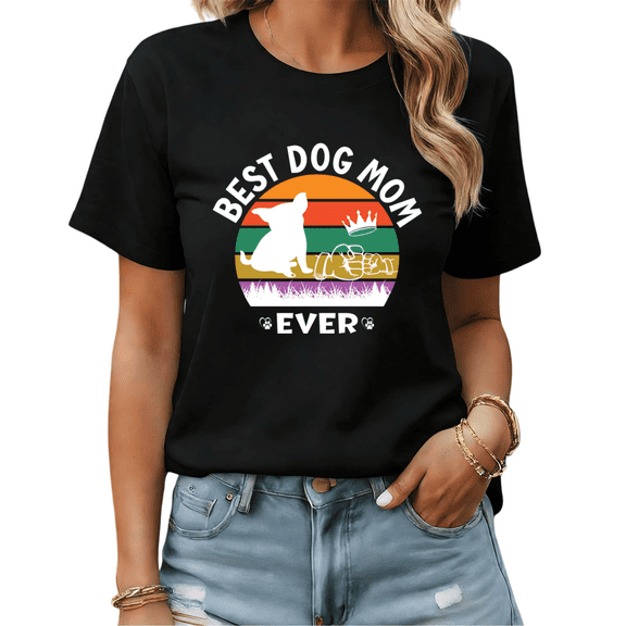 Retro Sunset Best Dog Mom Ever Chihuahua Fist Bump Graphic Tees Womans Tshirt Shirts Black White S-5XL Tops