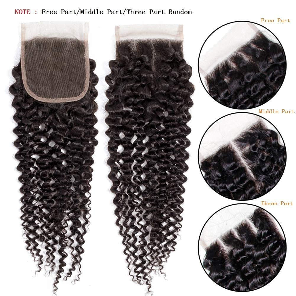 Jerry Curly Human Hair 3 Bundles with 4x4 Lace Closure Pre-Plucked 100% Unprocessed Brazilian Hair Weave Bundles Natural Black Color: 20"22"24"+ Closure 22"
