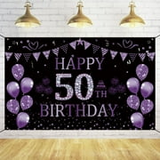 Trgowaul 50th Birthday Backdrop OIF8Black and Purple 5.9 X 3.6 Fts Happy Birthday Party Decorations Banner for Women Men Photography Supplies Background 50th Happy Birthday Decoration