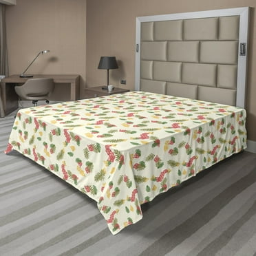 Tropical Flat Sheet, Hawaiian Exotic Botany Pattern with Hibiscus Petals and Leaves Repetition, Soft Comfortable Top Sheet Decorative Bedding 1 Piece, 6 Sizes, Ivory Multicolor, by Ambesonne