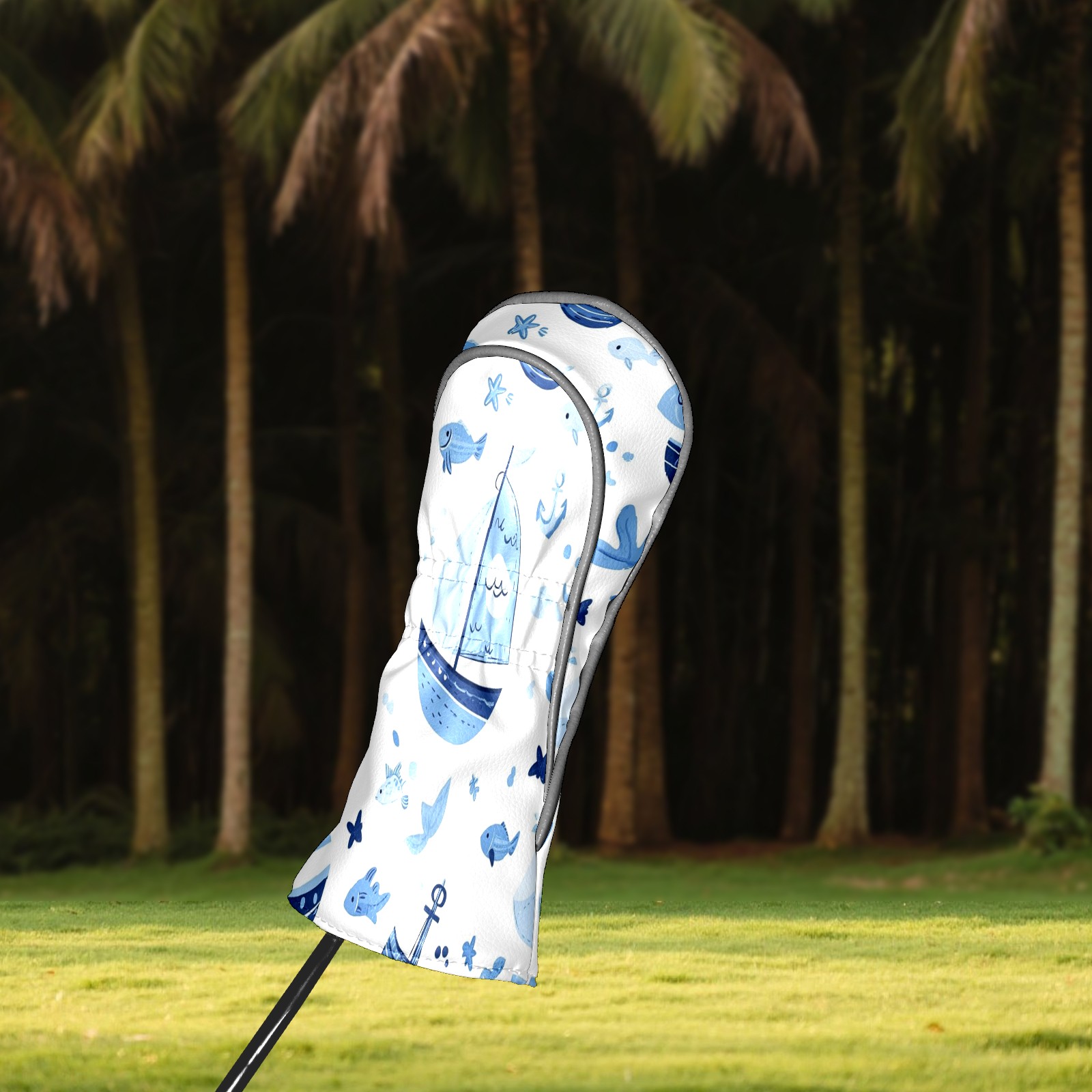 Golf Head Covers Blue Sailboat Pattern for Driver, Wood & Hybrid, Premium Waterproof PU Leather with Plush Lining, Nautical Golf Gifts