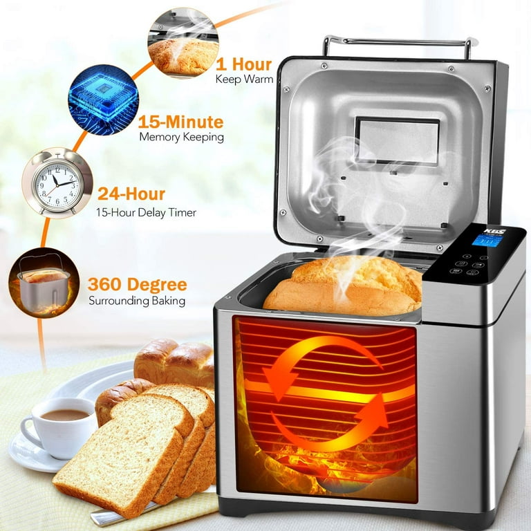  KBS Bread Maker-710W Dual Heaters, 17-in-1 Bread Machine  Stainless Steel with Auto Nut Dispenser&Ceramic Pan, Gluten-Free, Dough  Maker,Jam,Yogurt PROG, Touch Panel, 3 Loaf Sizes 3 Crust Colors,Recipes:  Home & Kitchen