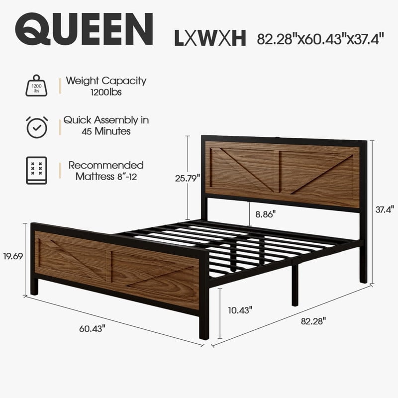 Rustic Bed Frame Queen Size with Barn Door Headboard, LED Bed Frame with Charging Station, Industrial Platform Metal Bed Frames, No Box Spring Needed, Easy Assembly, Brown