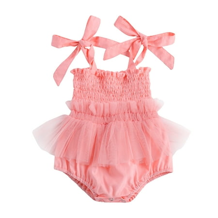 

Multitrust Baby Girls Mesh Yarn Romper Dress Summer Baby Bow Sling Romper Stretch Pleated One Piece Garment for Newborn 0-24M Romper Dress