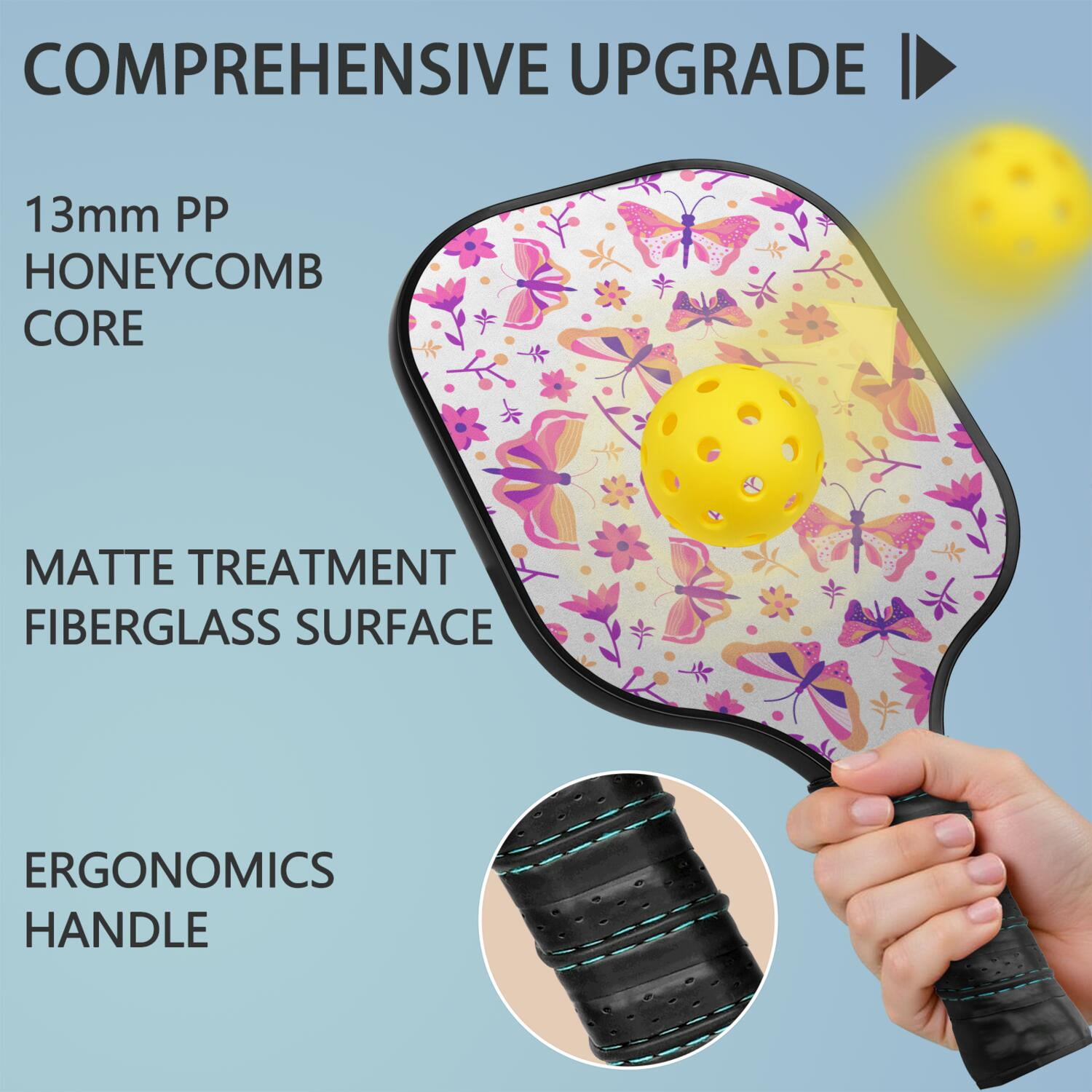 Pickleball Paddles Set Of 2, Fiberglass Surface, Vintage Floral & Butterfly, 4 Balls & Bag