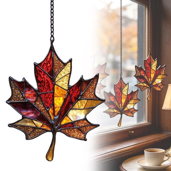 Stained Glass Maple Leaf Suncatcher, 5.91 inch Translucent Acrylic Fall Window Decor, Hanging Autumn Pendant with Metal Chain, Vintage Seasonal Wall Accent, Harvest Home Ornament, Thanksgiving Decor