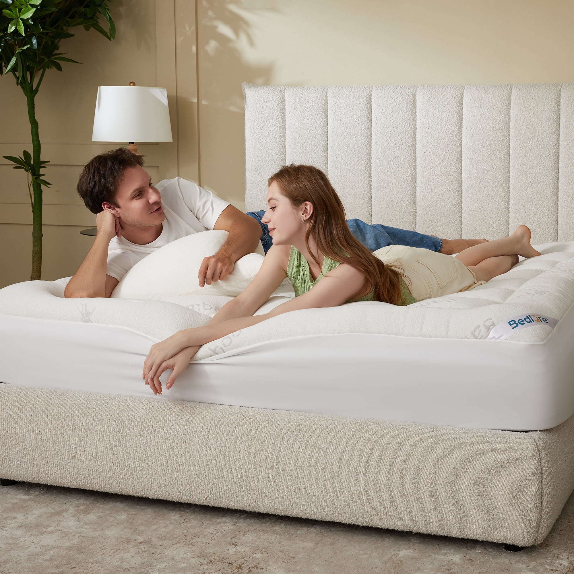 BEDLORE Full Mattress Topper, Bamboo Pillow Top Pad for Back Pain Relief, Thick Soft Mattress Cover with Deep Pockets 6-15 inch(White)