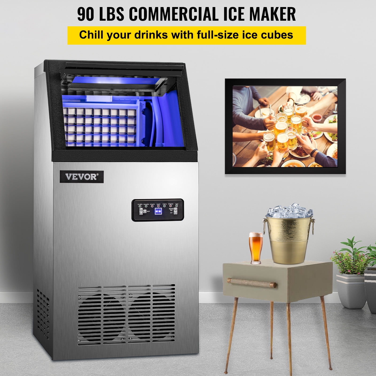 Coollife Commercial Ice Maker - Produces 100lbs of Ice in 24 Hrs with 33lbs Storage Bin(100LBS/24H)