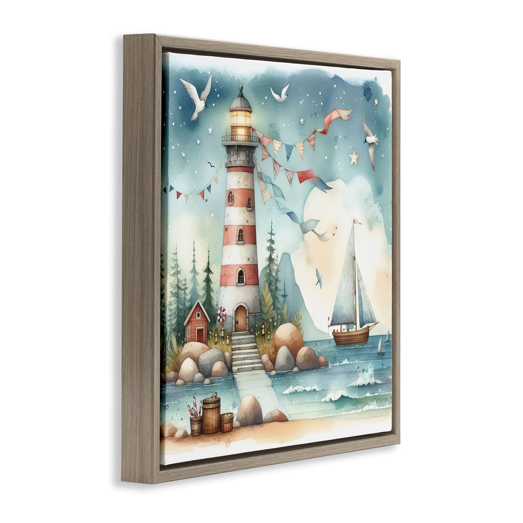 Stupell Industries Whimsical Lighthouse & Birds Nautical & Beach Painting Brown Floater Framed Canvas Art Print Wall Art, 18 x 18