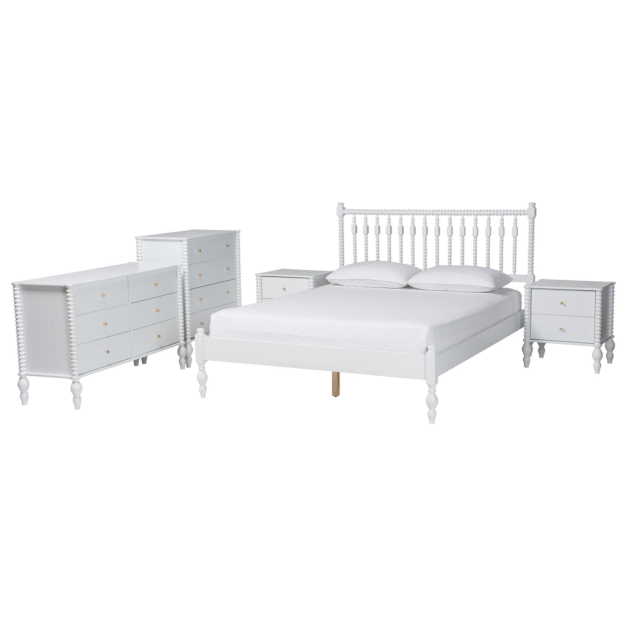 Baxton Studio Callison Farmhouse Bedroom Set, Queen, 5-Piece, White
