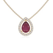 Natural Ruby with Moissanite Solitaire Halo Pear Pendant Necklaces for Women in 18K Yellow Gold Vermeil,July Birthstone Jewelry Gifts for Her Birthday,Anniversary,Mothers Day,Christmas,Valentines