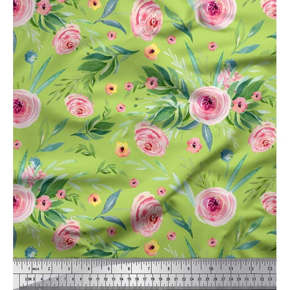 Soimoi Green Cotton Duck Fabric Leaves & Ranunculus Floral Print Fabric by the Yard 42 Inch Wide