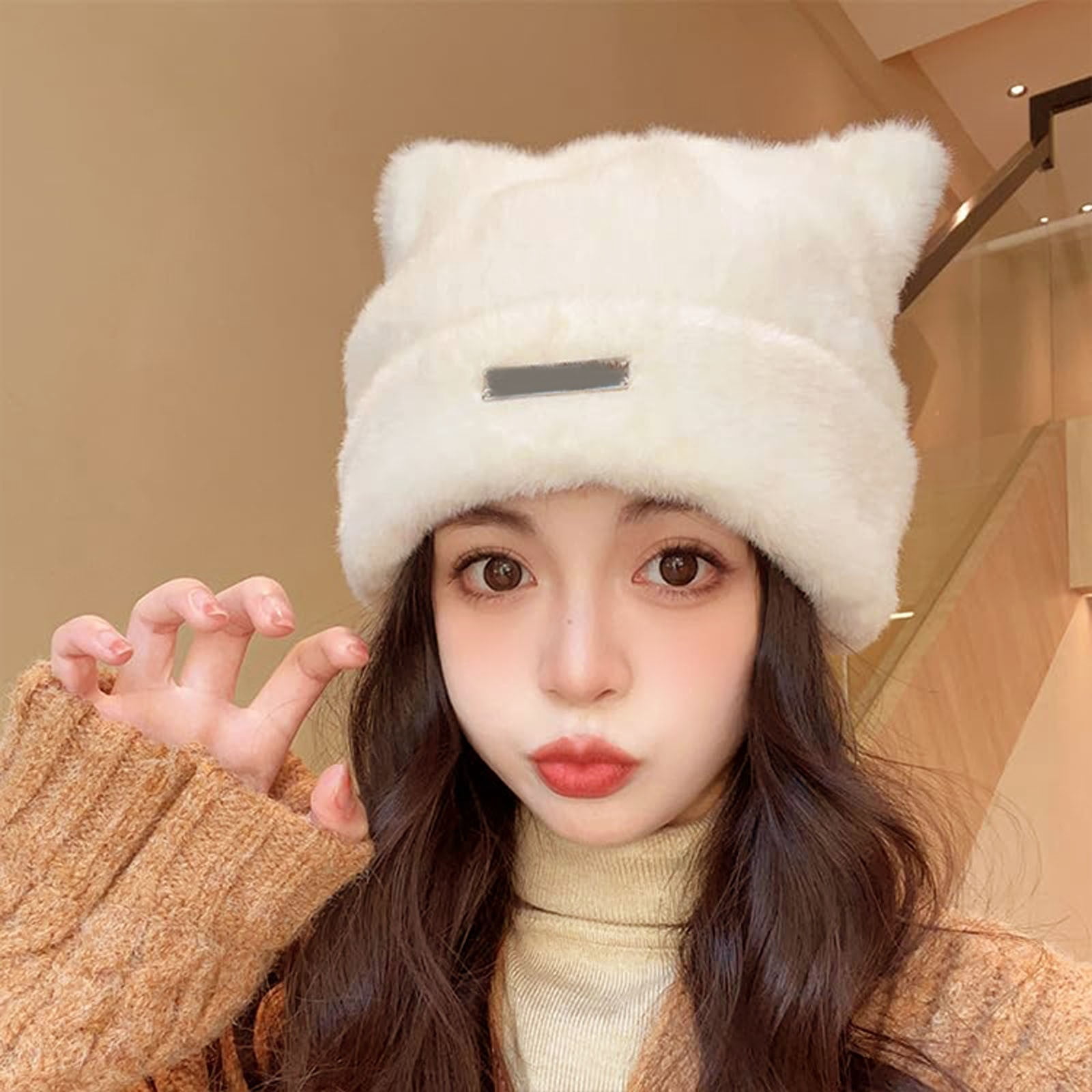 1PC Hat White Polyester Cat Wool Cap Crochet Hats for Women  display picture 1