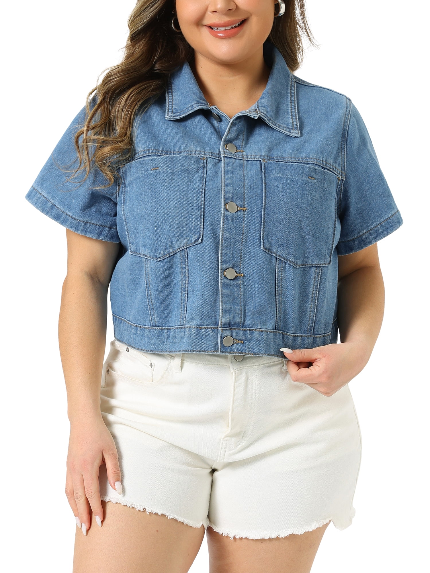 DARING DIVA Women's Plus Classic Washed Cropped Denim Jacket 4X Light Blue