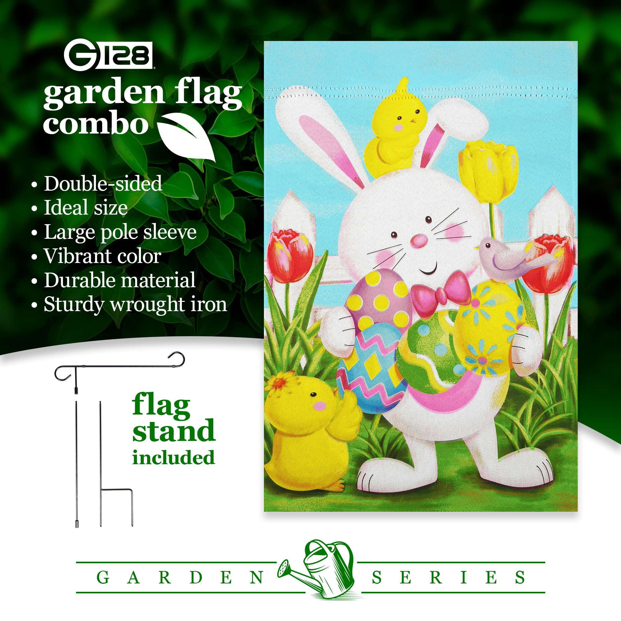 G128 2sets: 36"x16" Flag Stand & 12"x18" Double Sided Easter Bunny with Eggs Garden Flag Outdoor