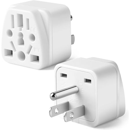 2 pack US travel plug adapter, Europe, UK, Australia, China, Japan, Asia, Italy, Brazil to US ( ), 3-pin grounded US wall plug wall socket power charging converter (white)