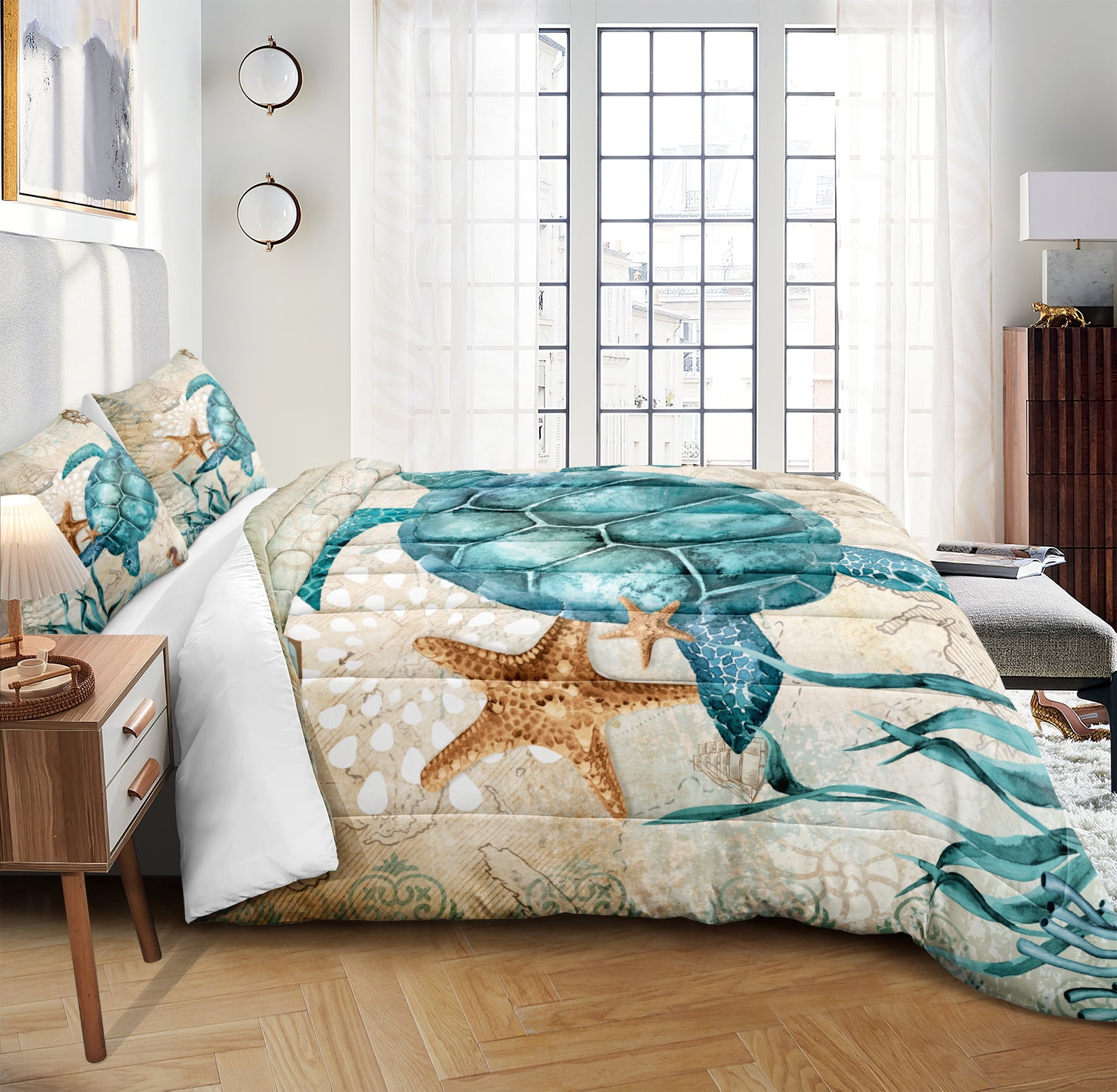 Turtle Comforter Set Ocean Themed Comforter Teal Blue Turtle Pattern Beach Comforter Soft Microfiber Bedding Sets Queen Size 4 Pieces Bedding