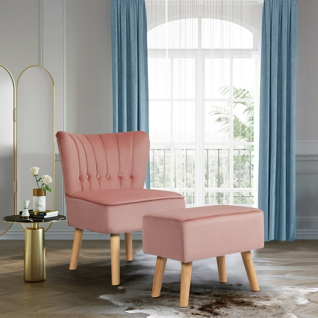 Patiojoy Velvet Armless chair & Ottoman Set Leisure Sofa Chair with Footstool Pink