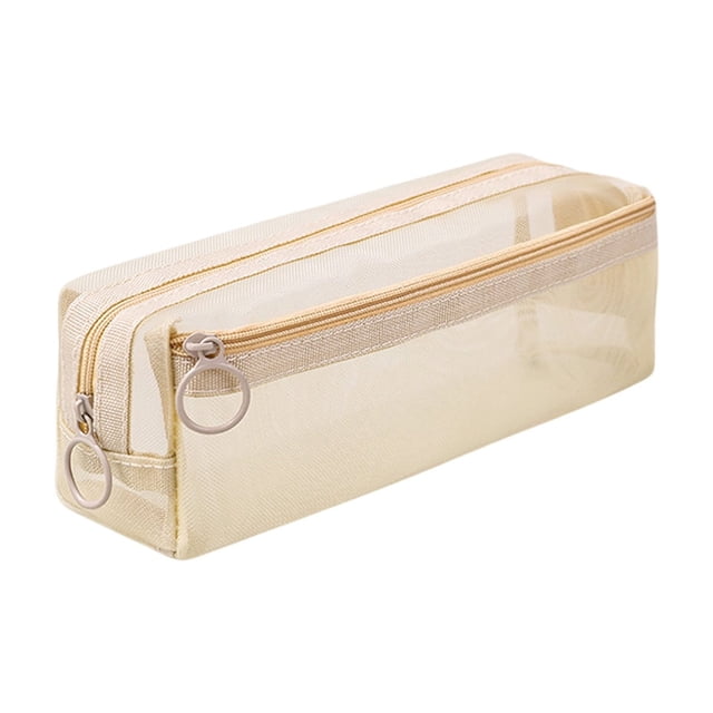 Beige Mesh Yarn Pencil Case Large Capacity Zipper Stationery Bag For Kids School Supplies Organizer Pencil Pouch For Students Teachers Office Use