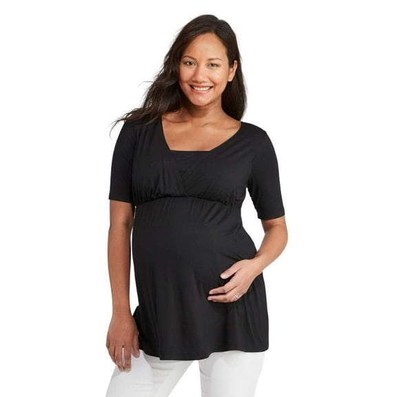 Isabel Maternity by Ingrid & Isabel Materntiy Elbow Sleeve Deep V-Neck Nursing Top -Small, S, Black