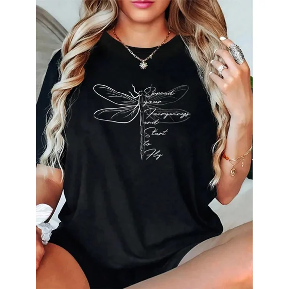 Retro Dragonfly Graphic T-Shirt for Women, Inspirational Spread Your Fairy Wings Quote Tee, Casual Short Sleeve Aesthetic Nature Lover Top, Black Cotton Blend Apparel