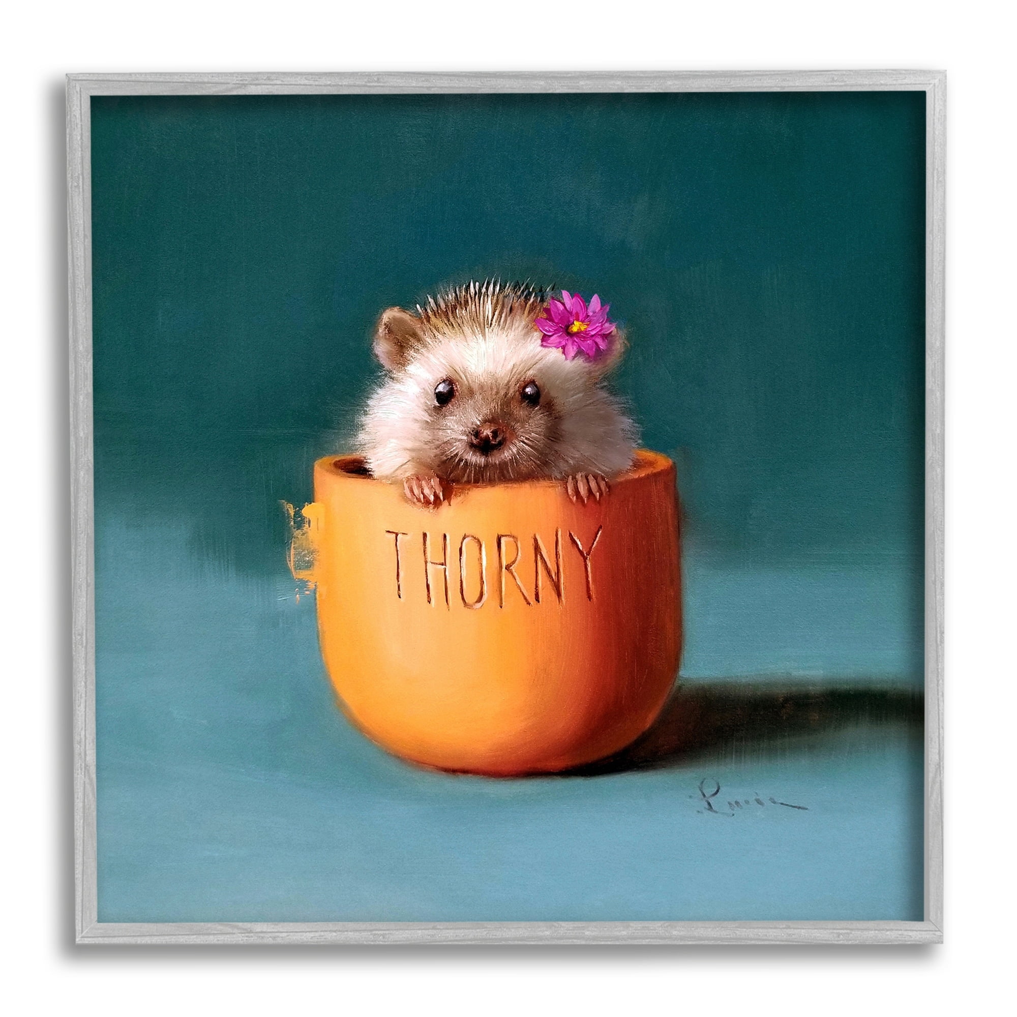 Stupell Industries Thorny Hedgehog Peeking Pink Daisy Flower Accent Painting Gray Framed Art Print Wall Art, Design by Lucia Heffernan