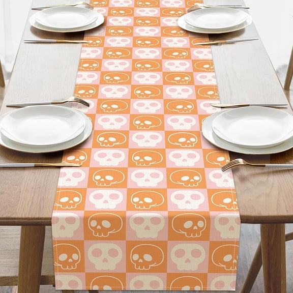 Halloween Linen Table Runner, Pink Orange Checkerboard Skull Print Table Runner, Cute Gothic Halloween Decor Table Runner for Dining Kitchen Party 13x72 Inch