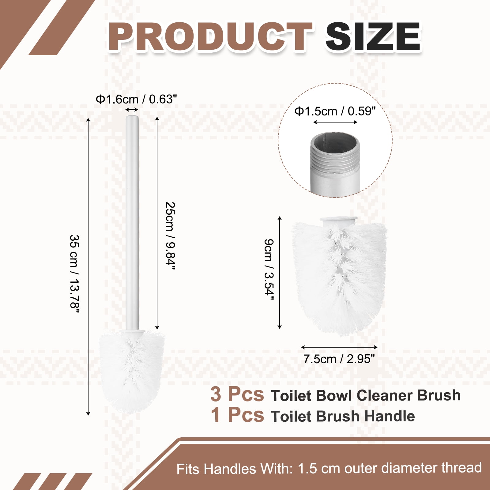 Uxcell 3 Pcs Toilet Brush Set Replacement Head, 9.8 Inch Toilet Brush Refills with Handle, Bathroom Cleaning Tool for Home, White