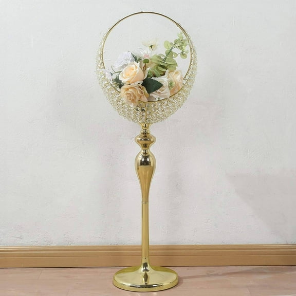 Balsa Circle 3 feet Gold Crystal Beaded Metal Candle Holder Stand in Half Moon Basket Design Centerpiece for Home Decor Wedding Party Reception Event