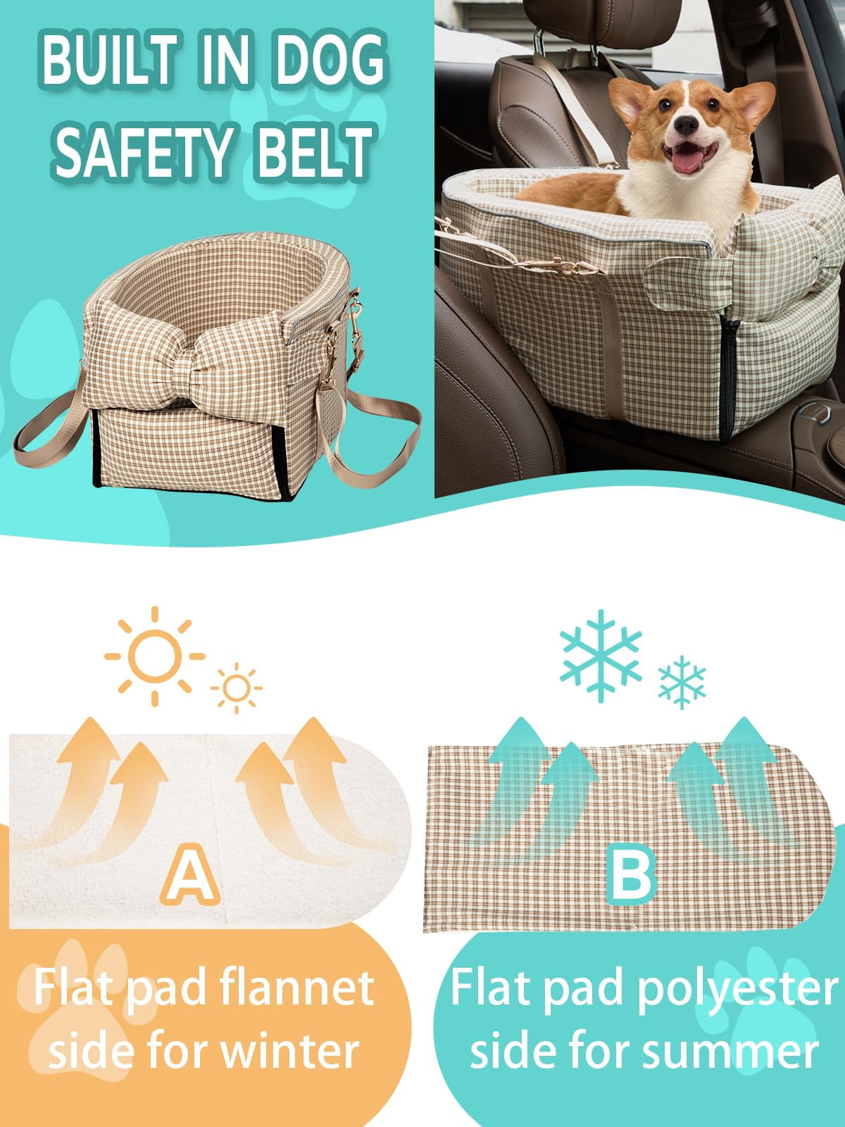 Dog Car Seat For Small Dogs Center Console Puppy Anti-collapse Pet With Soft Cushion Safety Belt  Portable Armrest & Cat Under 15 Lbs (grid-brown)