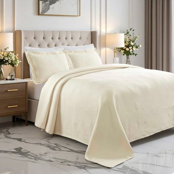 Superior Cascade Cotton Bedspread and Sham Set, Decorative Breathable Bedspreads, Queen, Ivory