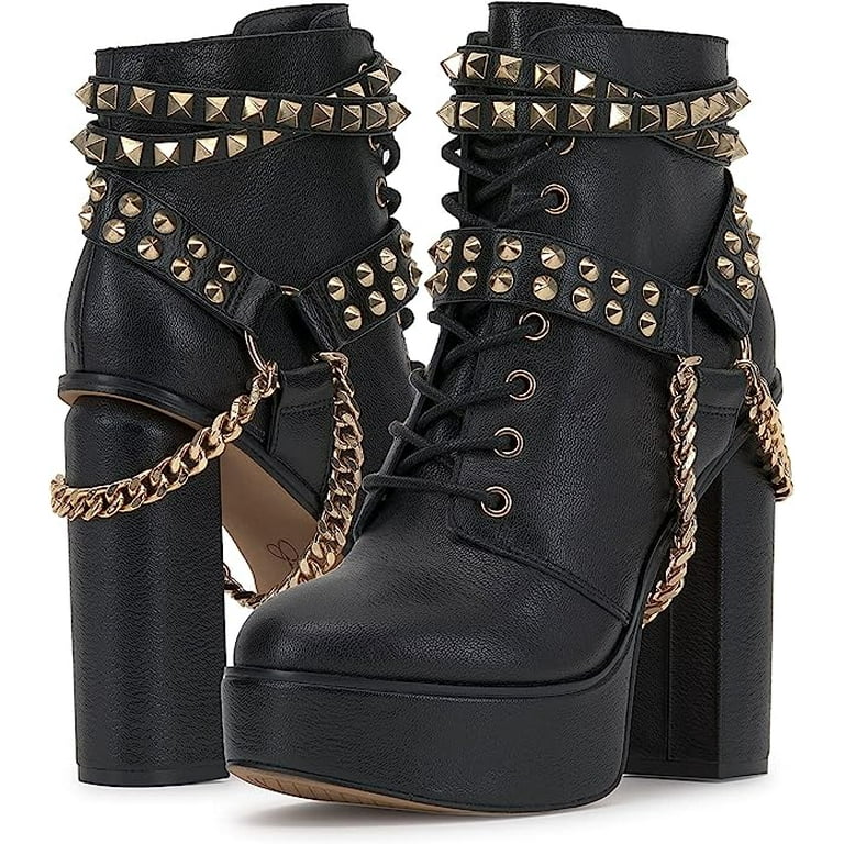 Jessica Simpson Lannoli Black Leather Studded Chain Lace Up Block High Heel  Boot (Black, 11) 