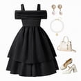 thumbnail image 4 of mgoYE Girls Elegant Princess Cold Shoulder Fold Pleated High Waist Flared A Line Party Dresses(Black,11-12 Years), 4 of 8
