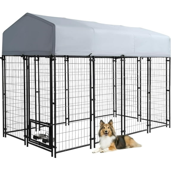 Magic Union Large Dog Kennel with Rotating Feeder Bowls, Outdoor 7.5'x7.5' Heavy Duty Dog Cage Enclosures, Dog Pens Fence with Waterproof UV-Resistant Cover and Secure Lock