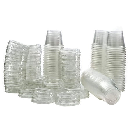 Plastic Jello Shot Cups By Green Direct - Disposable 1 oz Clear Cups With Lids - Useful for any Party for Souffle Dessert or Ice Cream for hot & cold - Portion Condiment Sample Cup Pack of