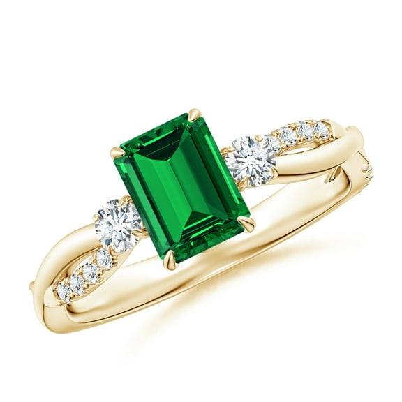 ANGARA Lab Grown 1 Ct Three Stone Emerald & Diamond Engagement Ring in 14K Yellow Gold for Women (Size-7x5mm) | May Birthstone, Anniversary, Jewelry Gift for Women | Lab Grown Emerald Ring
