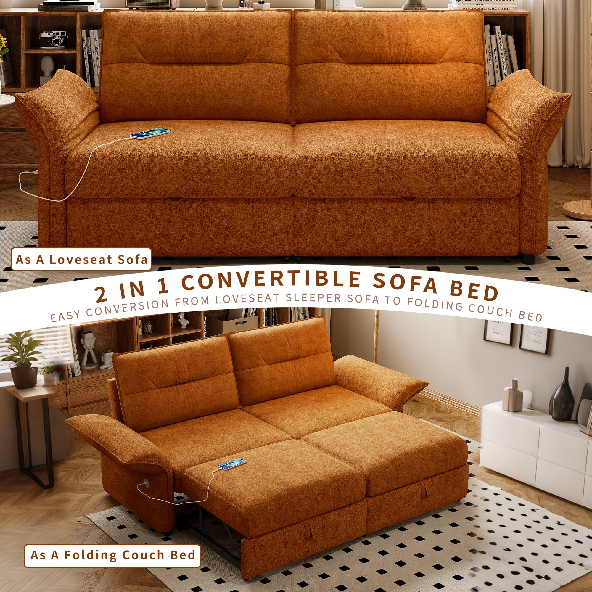 Leumius 85" Convertible Sofa Bed with Wood Frame,2-in-1 Upholstered Sleeper Sofa Bed with Pull Out Bed for Living Room,Apartment,600 lbs Capacity,Orange