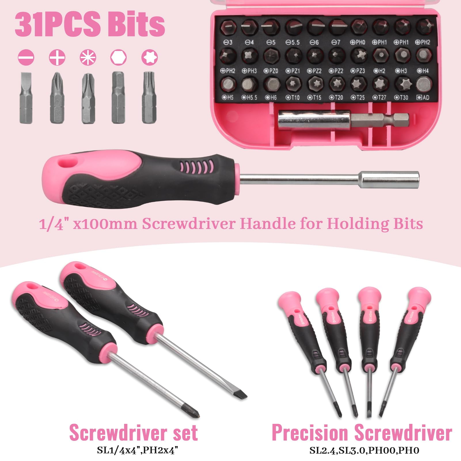450 Piece Pink Tool Set with Chrome-Vanadium Steel Tools - Home, Car & Workshop Repair Kit for Women, Non-Slip Grip, Snap -Tight Toolbox with Drawer