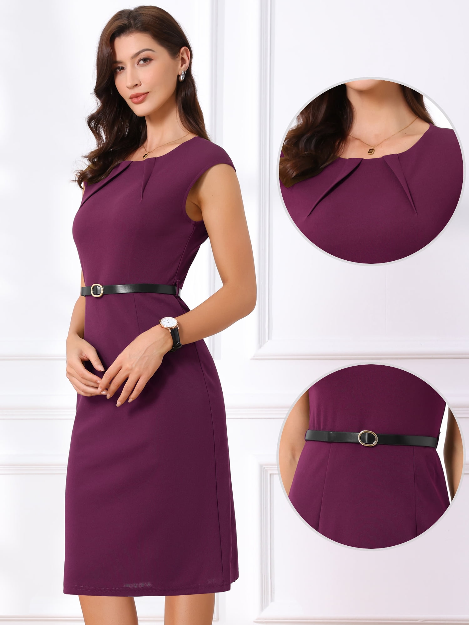 DARING DIVA Women's Work Elegant 2026 Cap Sleeve Belted Office Sheath Dress L Fuchsia