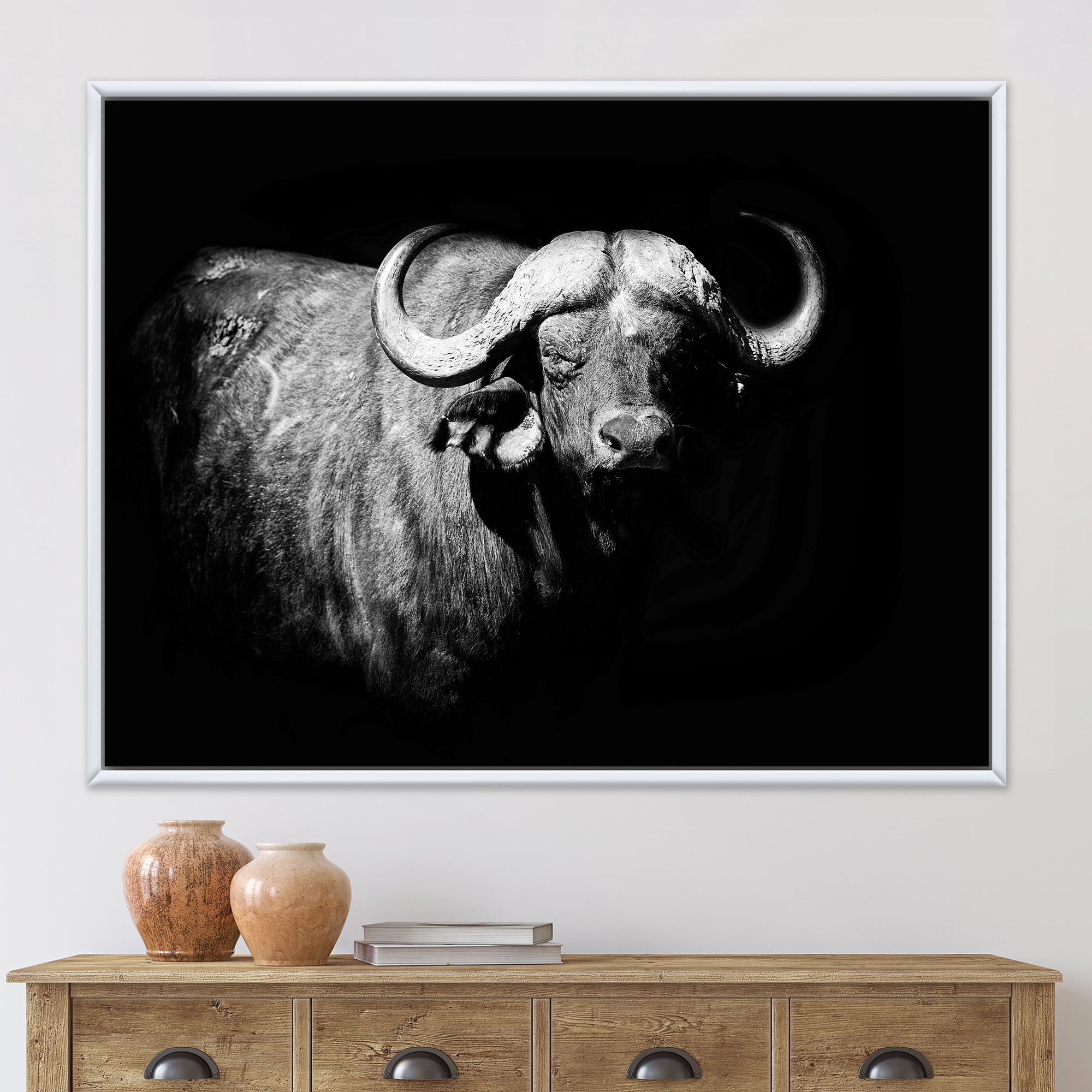 Black and White Portrait Of Buffalo I 40 in x 30 in Framed Photography Canvas Art Print, by Designart