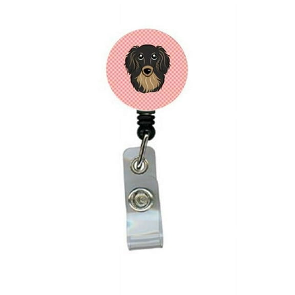 Carolines Treasures BB1213BR Checkerboard Pink Longhair Black And Tan Dachshund Retractable Badge Reel