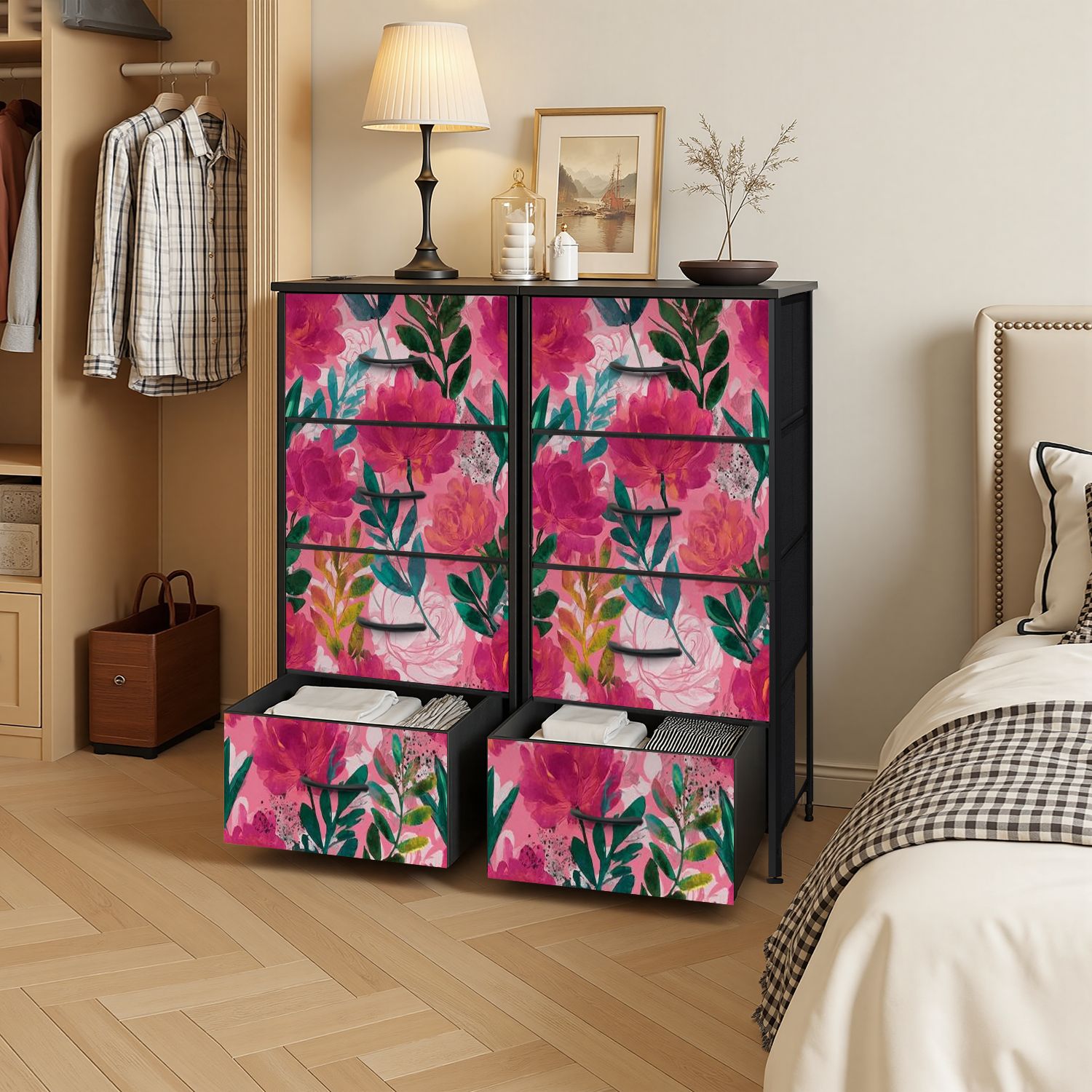 4 Drawer Vertical Storage Dresser Watercolor spring floral bouquets Vintage botanical with Wood Top Fabric Pull Drawers